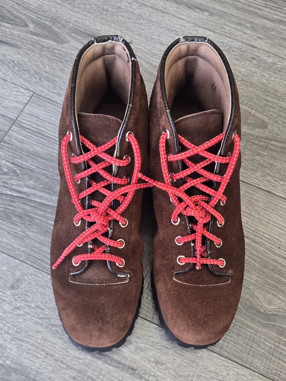 Vintage Brown Suede Hiking Boots Vibram Lug Sole EU 44 Red Laces# 576